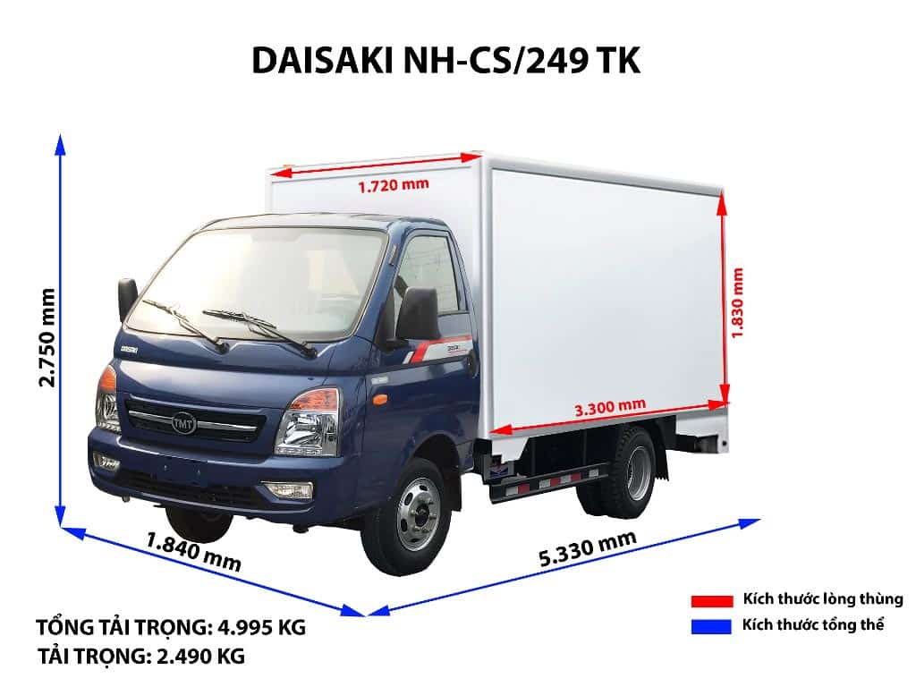 Tổng kích thước tải trọng xe tải 2 tấn